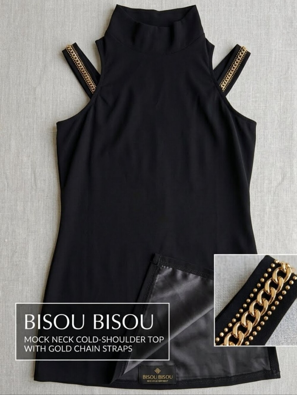 Bisou Bisou Women's Black Sleeveless Top With Gold Accents - Size Small
